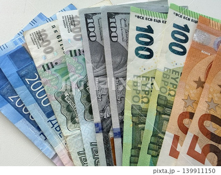 Paper banknotes of the euro, dollar, and Russian ruble. Money exchange. Paper banknotes of the euro, dollar, and Russian ruble. Money exchange. 139911150