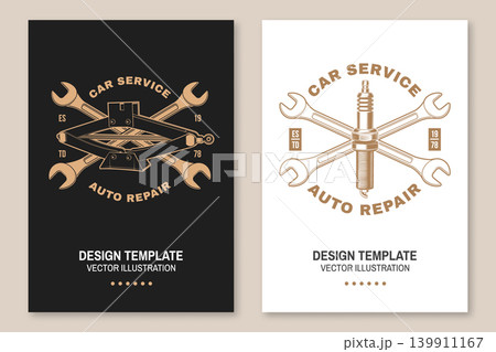 Vintage Auto Repair Service Poster with Spark Plug, Scissor Jack and Crossed Wrenches in Retro Garage Style Vector Design 139911167