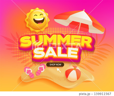 Summer Sale banner with smiling 3d sun, sand beach for promotion hot season discounts.Shop now offer. Bright poster on gradient background. Tropical vacation theme with ball, umbrella, and sun. Vector 139911567