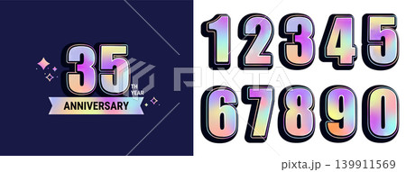 Set of anniversary holographic logo for every decade with template for anniversary 35 years. Elegant card for event with numbers. Design for web,poster,banner,flyer,party,wedding, invitation. Vector Set of anniversary holographic logo for every decade with template for anniversary 35 years. Elegant card for event with numbers. Design for web,poster,banner,flyer,party,wedding, invitation. Vector 139911569