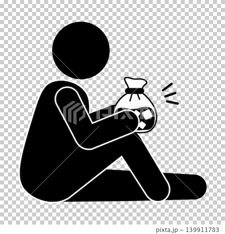 床に座って膝・関節に氷嚢を当てて冷やす人のモノクロピクトグラムイラスト 139911783