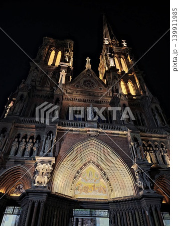 Cordoba, Argentina - April 12, 2026: illuminated towers and upper facade details of Iglesia de Los Capuchinos at night. 139911985
