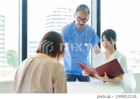 医師から告知を受け悲しむ女性 139912116