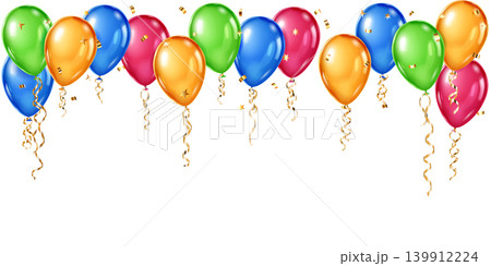 Colorful balloons with ribbons and confetti floating up. Colorful balloons with ribbons and confetti floating up. 139912224