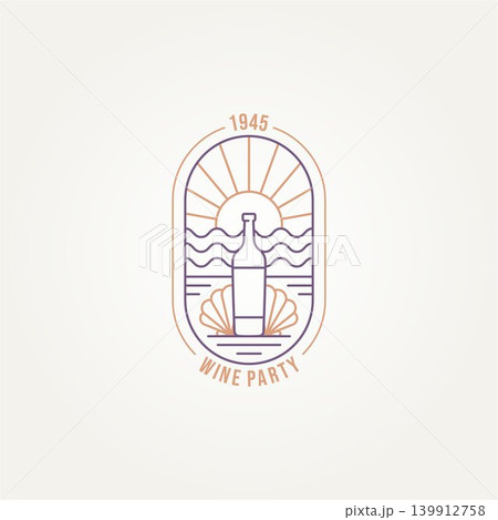 wine party simple line art badge logo template vector illustration design. wine bottle with clam shell in the beach or ocean view minimalist emblem logo concept 139912758