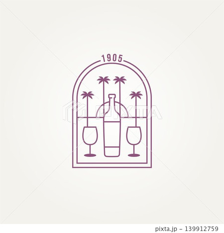 wine glass and bottle with beach view badge logo template vector illustration design. minimalist wine list, restaurant, winery emblem logo concept 139912759
