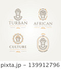 set of african woman fashion culture line art logo. african woman with turban and ethnic round tribal symbol line art badge logo template vector illustration design 139912796