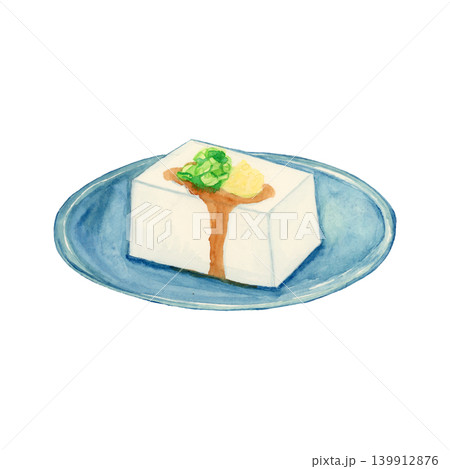 生姜とねぎをのせたシンプルな冷奴の手描き水彩イラスト 和食素材 139912876