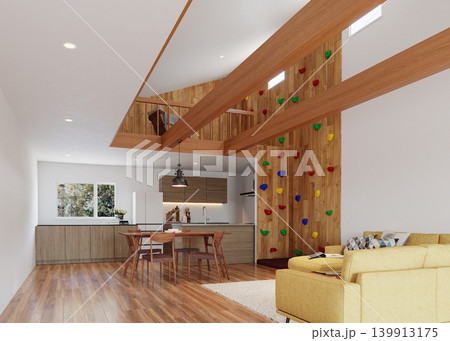 Family Living Room with Indoor Climbing Wall and Modern Wooden Interior Family Living Room with Indoor Climbing Wall and Modern Wooden Interior 139913175