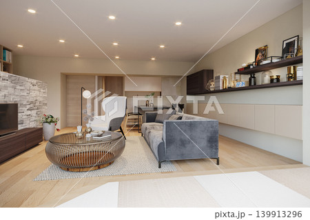 Modern Minimalist Living Room Interior with Elegant Furniture and Warm Lighting Modern Minimalist Living Room Interior with Elegant Furniture and Warm Lighting 139913296