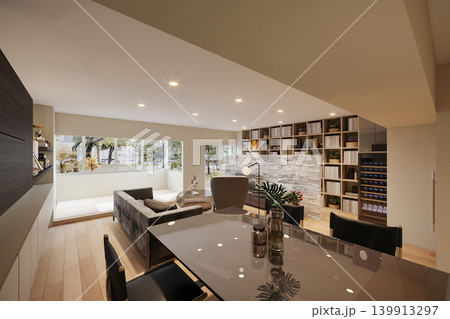 Contemporary Open Space Living and Dining Room with Built-in Bookshelf Contemporary Open Space Living and Dining Room with Built-in Bookshelf 139913297