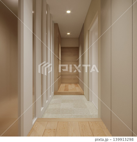 Minimalist Modern Hallway Interior with Wooden Flooring and Soft Lighting Minimalist Modern Hallway Interior with Wooden Flooring and Soft Lighting 139913298