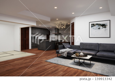Modern Japanese Style Living Room with Dark Wood Flooring and Minimalist Kitchen Modern Japanese Style Living Room with Dark Wood Flooring and Minimalist Kitchen 139913342