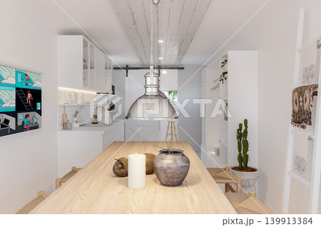 Minimalist Scandinavian Kitchen and Dining Area with Natural Wood Accents 139913384
