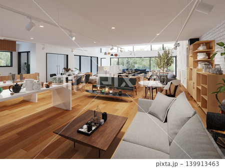 Spacious Open Concept Modern Living and Dining Interior with Warm Wood Flooring Spacious Open Concept Modern Living and Dining Interior with Warm Wood Flooring 139913463