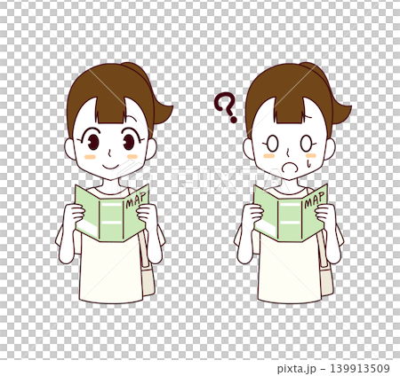 一組兩幅插圖，描繪的是一個女孩正在看一張紙質地圖。 139913509