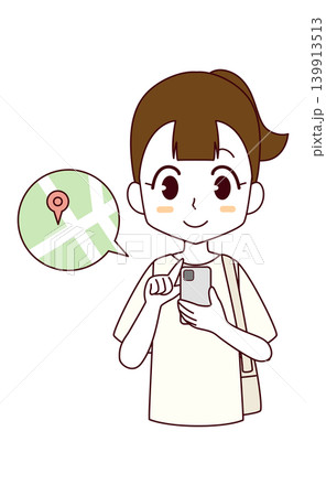 スマートフォンで地図を見る女子のイラスト スマートフォンで地図を見る女子のイラスト 139913513