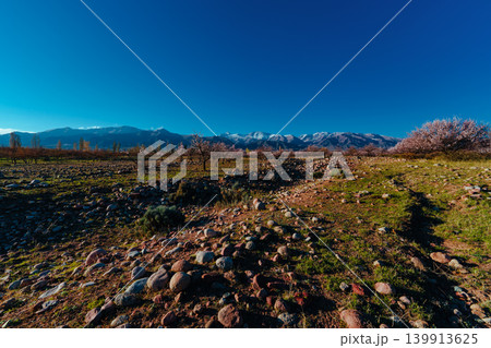 Spring mountain Kyrgyzstan landscape at sunset 139913625