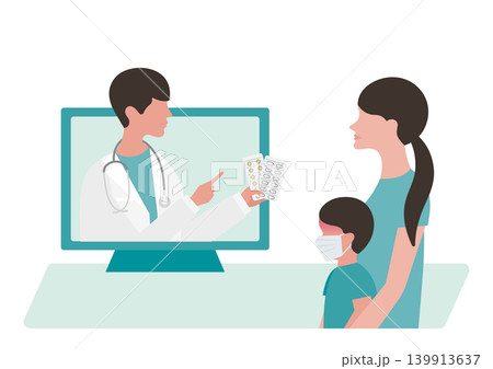 風邪・発熱の子ども・母親とオンライン診療で薬の説明をする医師のベクターイラスト素材 風邪・発熱の子ども・母親とオンライン診療で薬の説明をする医師のベクターイラスト素材 139913637
