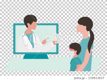 風邪・発熱の子ども・母親とオンライン診療で薬の説明をする医師のベクターイラスト素材 風邪・発熱の子ども・母親とオンライン診療で薬の説明をする医師のベクターイラスト素材 139913637