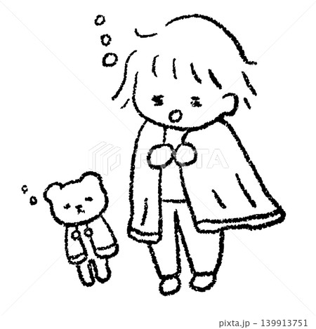 まだ眠い女性とクマのぬいぐるみの手描きイラスト 139913751
