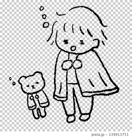 まだ眠い女性とクマのぬいぐるみの手描きイラスト 139913751