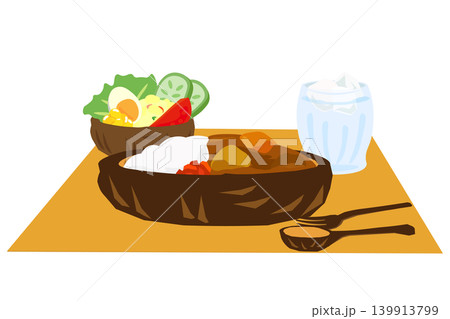 木彫り深皿のカレーライスとサラダのランチメニューイラスト 139913799