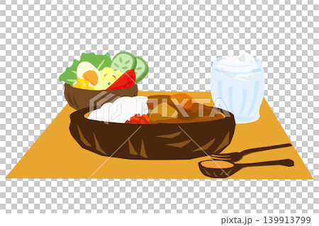 木彫り深皿のカレーライスとサラダのランチメニューイラスト 139913799
