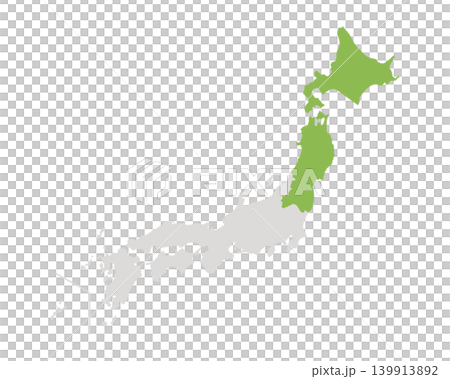 一張日本地圖插圖，其中只有東北地區以綠色突出顯示。 139913892