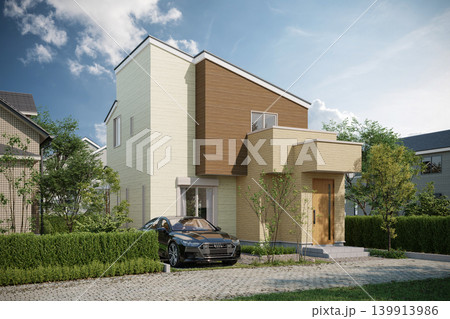Modern Two Story House with Wooden Facade and Luxury Car Modern Two Story House with Wooden Facade and Luxury Car 139913986