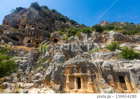 Ruins of ancient Lycian necropolis with rock-cut tombs in Demre 139914280