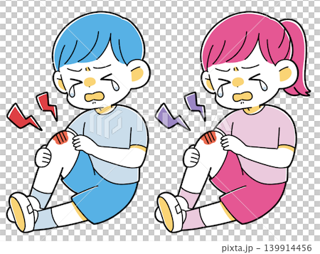 一幅插圖,描繪了一個男孩和一個女孩因為腿受傷而哭泣。 一幅插圖,描繪了一個男孩和一個女孩因為腿受傷而哭泣。 139914456