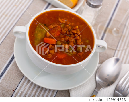 Popular soup made of lentils with vegetables 139914838