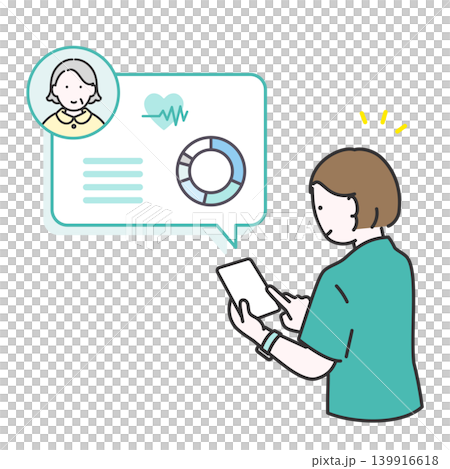 An illustration depicting a nurse checking patient information on a smartphone. 139916618