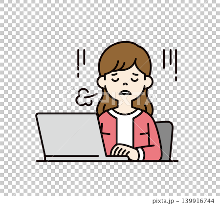 一位年輕女子（可能是家庭主婦、母親或上班族）在電腦前嘆氣，圖中描繪了她的上半身。 139916744