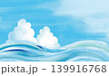 水彩風 青空と入道雲と水色の流れるような波の背景(16:9)  139916768