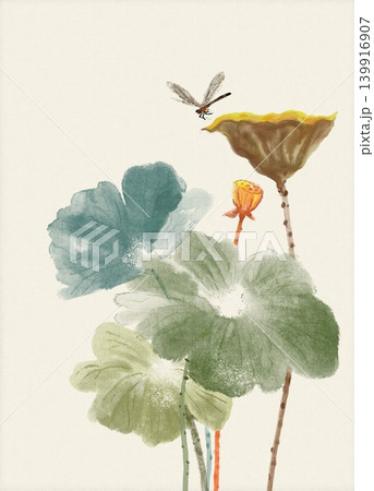 Lotus Leaves and Flowers with Dragonfly Hovering Above in Time Lapse Lotus Leaves and Flowers with Dragonfly Hovering Above in Time Lapse 139916907
