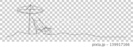 Single line drawing simple beach umbrella lounge deck chair wavy horizon sand relaxation. Single line drawing simple beach umbrella lounge deck chair wavy horizon sand relaxation. 139917166