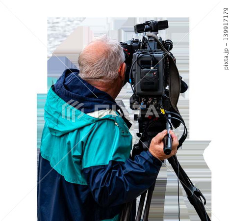 Back view of professional cameraman with professional video camera on tripod filming, isolated on transparent background. High quality photo Back view of professional cameraman with professional video camera on tripod filming, isolated on transparent background. High quality photo 139917179