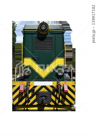 Front view of green diesel locomotive engine with yellow stripes, industrial vintage shunting train isolated on transparent background. High quality photo Front view of green diesel locomotive engine with yellow stripes, industrial vintage shunting train isolated on transparent background. High quality photo 139917182