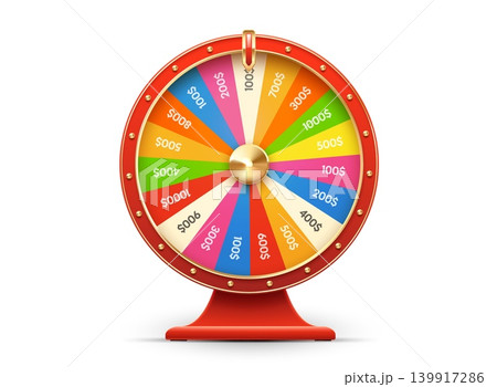 Jackpot slot machine spin wheel, casino roulette showing money amounts and dollar signs on multicolored segments. Spinning prize wheel conveying luck, chance, winning and gambling game show excitement Jackpot slot machine spin wheel, casino roulette showing money amounts and dollar signs on multicolored segments. Spinning prize wheel conveying luck, chance, winning and gambling game show excitement 139917286