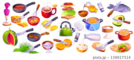 Cooking process set, cook food and culinary elements. Boiling teapot, fresh fish, olive oil and fruits. Frying pan and saucepan, cheese, sandwich isolated cartoon vector cooking process ingredients 139917314