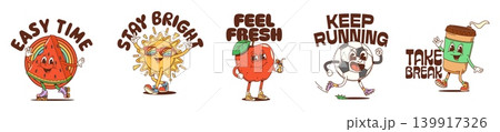 Cartoon y2k groovy funky summer travel character stickers or retro patches. Watermelon, sun, apple, soccer ball and coffee cup easy time, stay bright, feel fresh, take a break and keep running slogans Cartoon y2k groovy funky summer travel character stickers or retro patches. Watermelon, sun, apple, soccer ball and coffee cup easy time, stay bright, feel fresh, take a break and keep running slogans 139917326