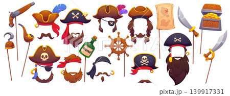 Cartoon pirate photo booth masks and props for kids birthday party or carnival. Vector photo booth face masks of funny captain pirate and sailor corsair with hats and eye patches, hook and sword props 139917331