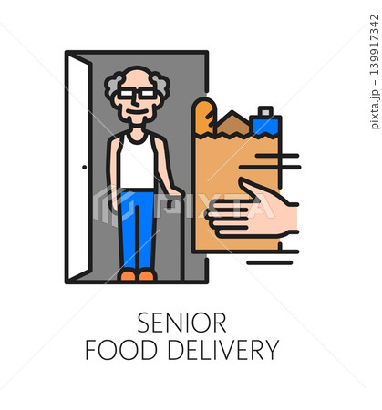 Elderly care service food delivery color line icon. Old people social support symbol, elderly nursing and care service vector sign. Seniors help center icon with old man receiving food delivery 139917342