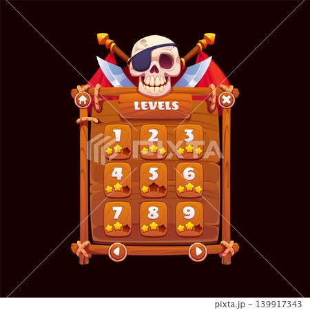 Pirate and corsair game level selector. Cartoon Ui menu interface, app window with skull in eye patch, crossed swords, wooden panel grid, numbered tiles, star ratings, navigation buttons and flags 139917343