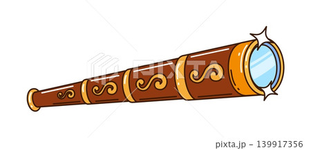 Vintage pirate spyglass featuring gold trim with elegant scroll patterns and shiny glass lens. Cartoon brown telescope for pirate party, nautical decorations, games and kids adventure books 139917356