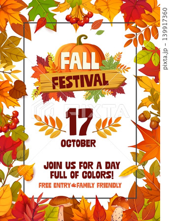 Autumn fall festival party flyer with pumpkin harvest season holiday, vector invitation poster. Autumn party flyer for family picnic celebration with frame of maple leaves, oak acorns and mushrooms 139917360