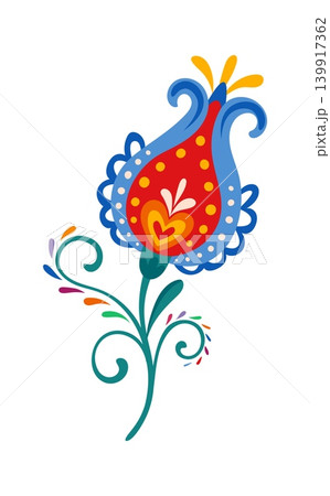 Mexican folk print spring flower object with spotted blue bud curly leaf. Hispanic folk colorful nature decor, Mexican culture flower vector decoration. Latin American ethnic plant isolated element 139917362