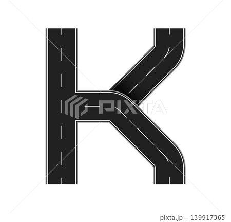 Letter K made of asphalt road with realistic dark surface with white dashed lane markings. ABC English highway route alphabet. Road font letter K for travel banners and kids posters design 139917365